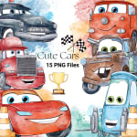 Cute Cars Clipart Bundle Watercolor Vehicle Pixar PNG (Digital Download) - Image 1