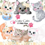 Cute Cats Clipart Bundle Watercolor Kittens and Flowers PNG (Digital Download) - Image 1