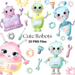 Cute Robots Watercolor Clipart PNG (Digital Download) - Image 1