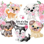 Floral Puppy Clipart Bundle Watercolor Girl Dog PNG Set (Digital Download) - Image 1