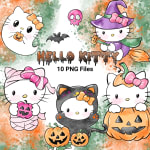Hello Kitty Halloween PNG Bundle Handmade Watercolor Kawaii Spooky Clipart (Digital Download) - Image 1