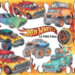 Hot Wheels Watercolor Clipart Bundle Race Cars Flames PNG Kit (Digital Download) - Image 1