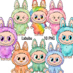 Labubu Watercolor Clipart Bundle Pop Mart Colorful Monster PNG Kit (Digital Download) - Image 1
