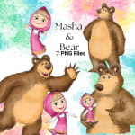 Masha and the Bear Watercolor Clipart Kids Nursery Decor Netflix PNG (Digital Download) - Image 1
