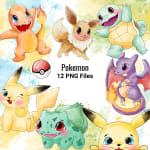 Pokemon Watercolor Clipart Bundle Pikachu Charmander PNG Kit (Digital Download) - Image 1