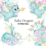 Watercolor Baby Dragon Clipart Bundle Fantasy Creature and Flowers PNG (Digital Download) - Image 1