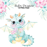 Watercolor Baby Dragon Clipart Bundle Fantasy Creature and Flowers PNG (Digital Download) - Image 2