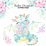 Watercolor Baby Dragon Clipart Bundle Fantasy Creature and Flowers PNG (Digital Download) - Image 5