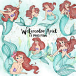 Watercolor Little Mermaid PNG Bundle Disney Ariel Clipart (Digital Download) - Image 1