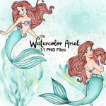 Watercolor Little Mermaid PNG Bundle Disney Ariel Clipart (Digital Download) - Image 2