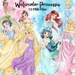 Watercolor Princesses Clipart Bundle Disney Belle Ariel Snow White Cinderella PNG (Digital Download) - Image 1