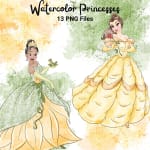 Watercolor Princesses Clipart Bundle Disney Belle Ariel Snow White Cinderella PNG (Digital Download) - Image 2