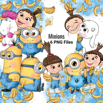 Agnes and Minions Watercolor Clipart Bundle Unicorns and Bananas PNG (Digital Download)