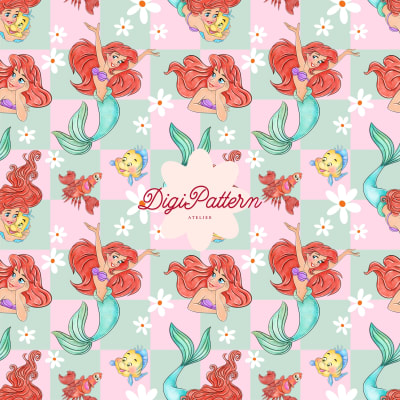 Ariel Little Mermaid Seamless Pattern Pink Mint Checkered Paper (Digital Download)
