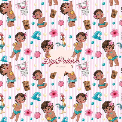 Baby Moana Seamless Pattern Disney Pink Stripes Watercolor Paper (Digital Download)