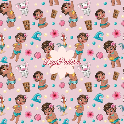 Baby Moana Seamless Pattern Disney Pink Watercolor Paper (Digital Download)