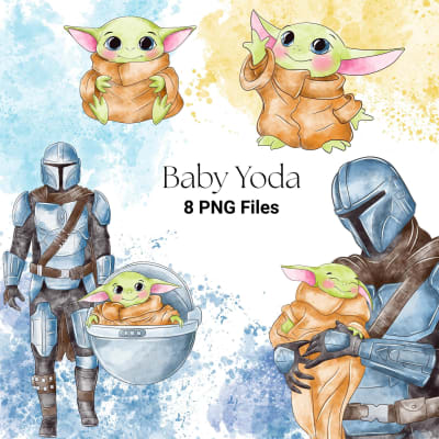 Baby Yoda Mandalorian Clipart Watercolor Disney PNG Bundle Star Wars (Digital Download)