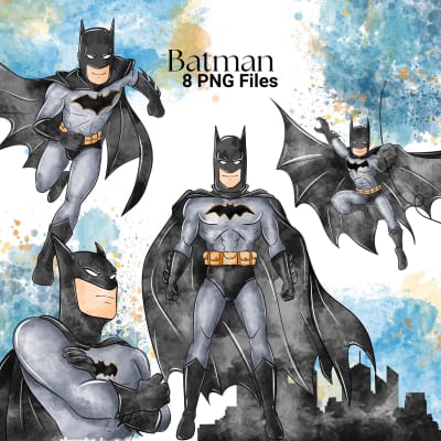 Batman Clipart Bundle DC Comics Superhero Watercolor PNG (Digital Download)