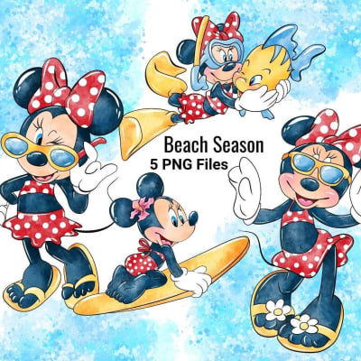 Beach Minnie Mouse Watercolor Clipart Bundle Red Disney Summer (Digital Download)