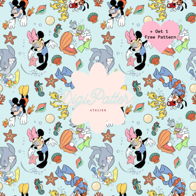 Blue Disney Mickey Mouse and Friends Scuba Diving Seamless Pattern PNG (Digital Download)