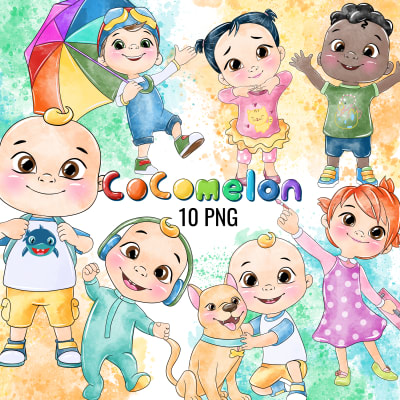 Cocomelon Characters Watercolor Clipart Bundle JJ Cody Nina PNG Kit (Digital Download)