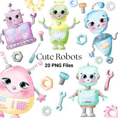 Cute Robots Watercolor Clipart PNG (Digital Download)