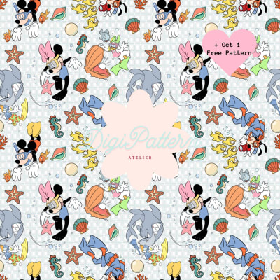 Disney Mickey Mouse Scuba Diving Blue Seamless Pattern PNG Minnie Donald Daisy (Digital Download)