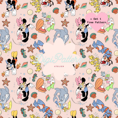 Disney Mickey Mouse Scuba Diving Pink Seamless Pattern PNG Minnie Donald Daisy (Digital Download)