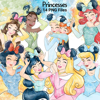 Disney Princesses Mickey Ears Clipart PNG Bundle Watercolor Elsa Cinderella Ariel Snow White (Digital Download)
