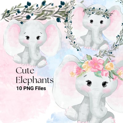 Elephant Watercolor Clipart Bundle Jungle Baby Animal with Flowers PNG (Digital Download)