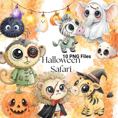 Halloween Safari Animals Watercolor Clipart PNG (Digital Download)