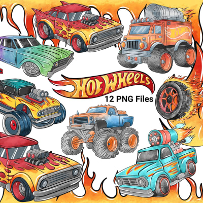 Hot Wheels Watercolor Clipart Bundle Race Cars Flames PNG Kit (Digital Download)