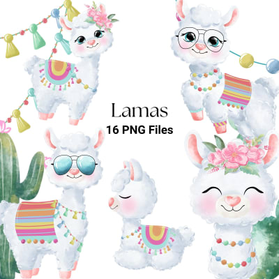 Llama Watercolor Clipart Bundle Boho Animal and Cactus PNG (Digital Download)