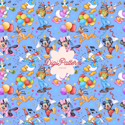 Mickey and Friends Birthday Party Seamless Pattern Blue Celebration Paper (Digital Download)