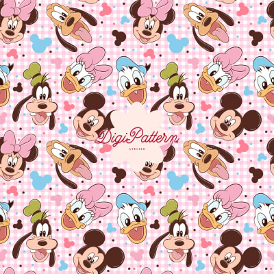 Mickey and Friends Faces Seamless Pattern Pink Gingham Paper (Digital Download)