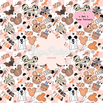 Mickey and Minnie Disney Halloween Seamless Pattern Orange and White Paper (Digital Download)