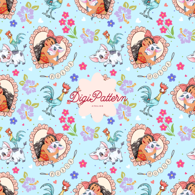 Moana Seamless Pattern Watercolor Pua Hei Hei Tropical Blue Paper (Digital Download)