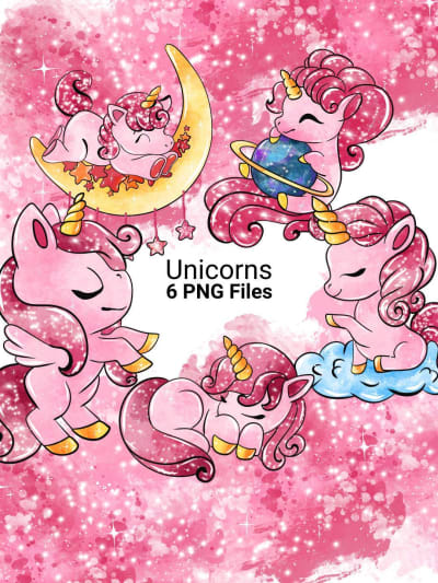 Pink Unicorn Clipart Bundle Watercolor Glitter Baby Fantastic Creature PNG (Digital Download)