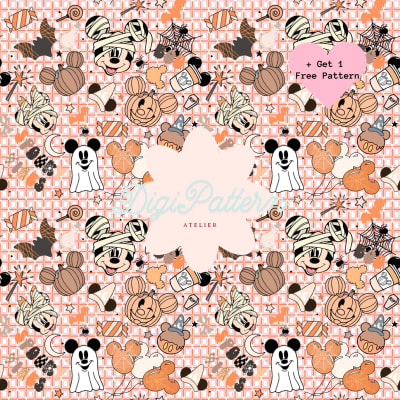 Retro Disney Halloween Mickey and Minnie Seamless Pattern PNG (Digital Download)
