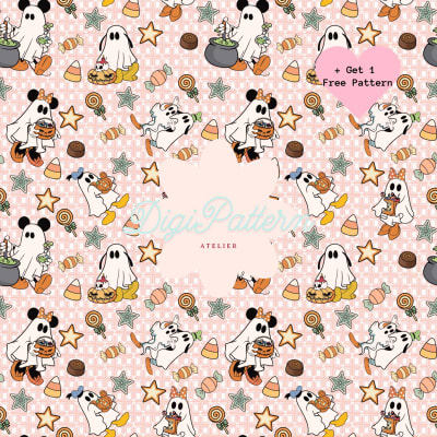Retro Disney Halloween Seamless Pattern PNG Mickey Minnie Ghost (Digital Download)