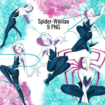 Spider-Gwen Watercolor Clipart Bundle Ghost-Spider Woman Marvel PNG Kit (Digital Download)