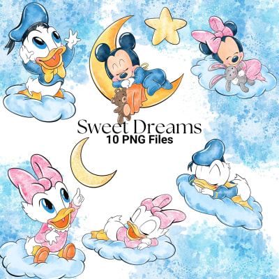 Sweet Dreams Watercolor Clipart Baby Mickey Minnie Donald Daisy PNG Bundle Disney (Digital Download)