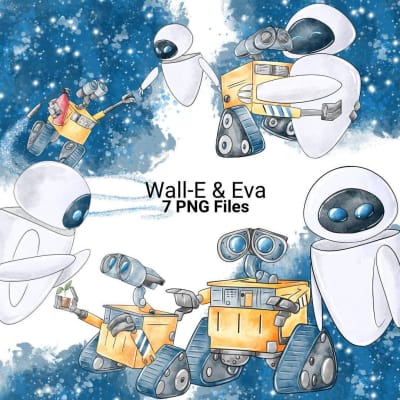 Wall-E and Eva Clipart Watercolor Robot Pixar PNG (Digital Download)