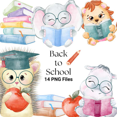 Watercolor Animals Clipart Bundle Back to School PNG (Digital Download)