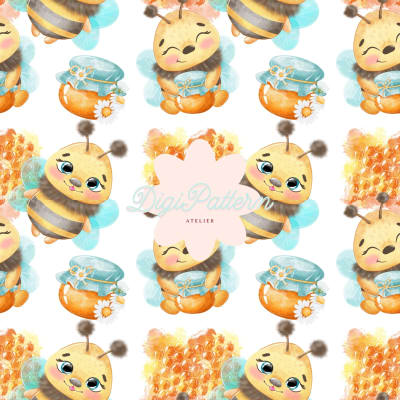 Watercolor Bumble Bee Seamless Pattern Baby Bee and Honey Digital Paper (Digital Download)