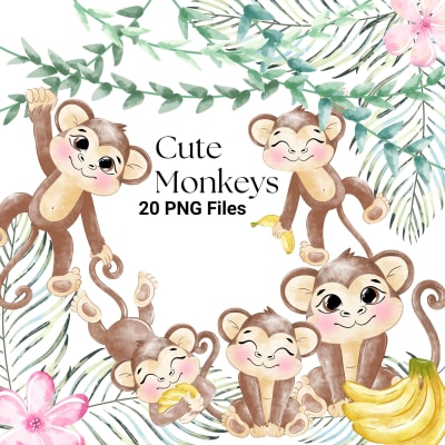 Watercolor Monkey Clipart Bundle Jungle Animals With Bananas PNG (Digital Download)