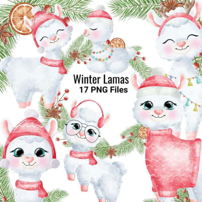 Winter Llama Clipart Bundle Watercolor Christmas Alpacas PNG (Digital Download)