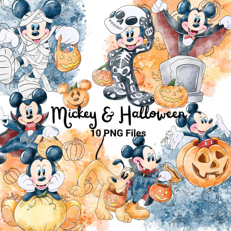 Watercolor Mickey Mouse Halloween Clipart Bundle