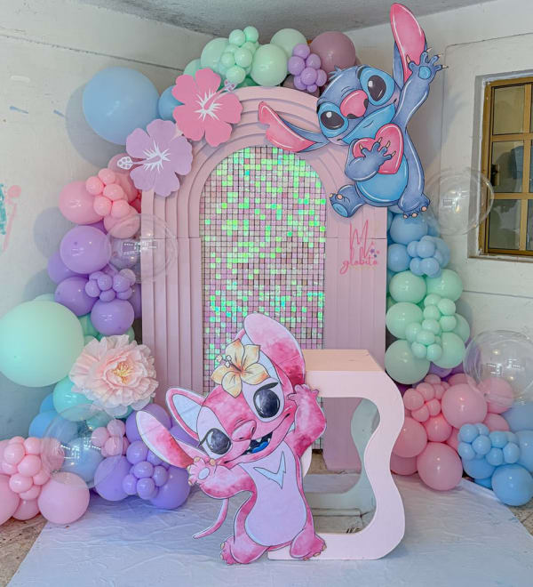 Stitch and Angel balloon arch