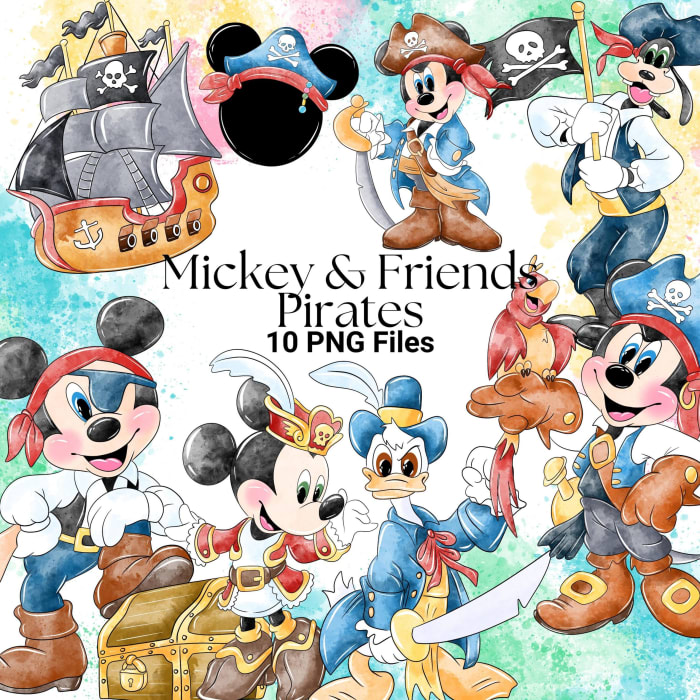 Mickey and Friends Pirates Watercolor Clipart Disney Ship PNG Bundle (Digital Bundle)